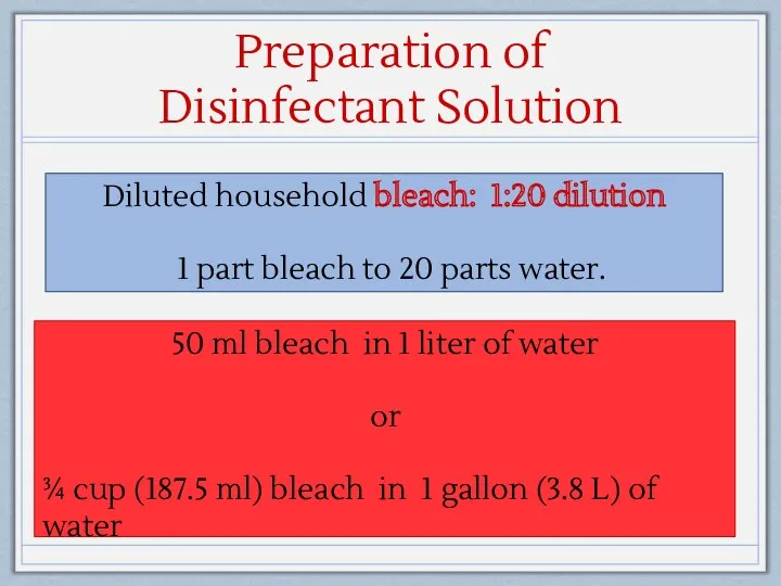 Preparation of Disinfectant Solution Diluted household bleach: 1:20 dilution 1