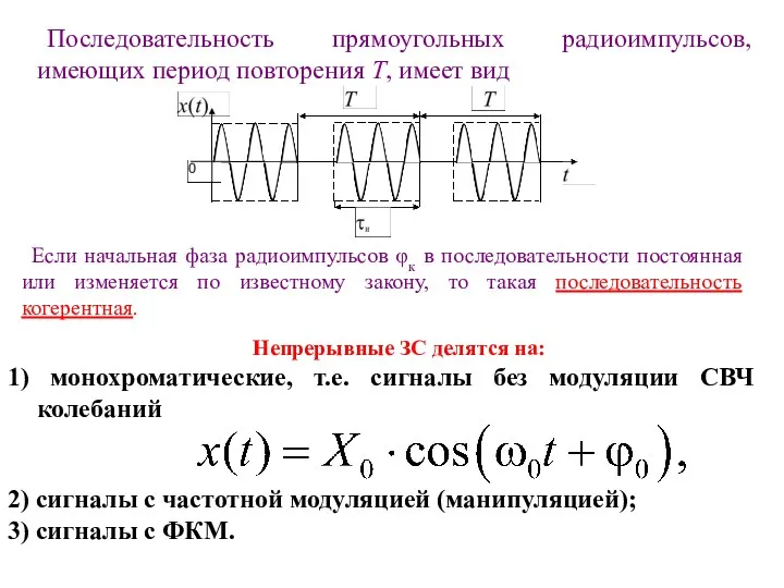 Последовательность прямоугольных радиоимпульсов, имеющих период повторения T, имеет вид Если