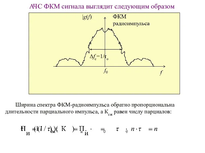 АЧС ФКМ сигнала выглядит следующим образом Δfс=1/τо Ширина спектра ФКМ-радиоимпульса