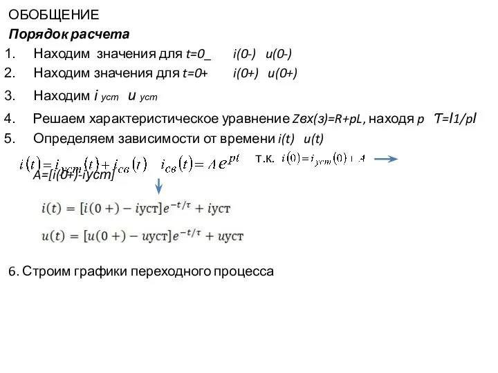 ОБОБЩЕНИЕ Порядок расчета Находим значения для t=0_ i(0-) u(0-) Находим значения для t=0+