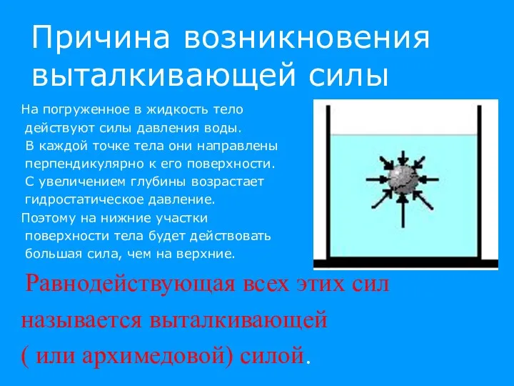 Причина возникновения выталкивающей силы На погруженное в жидкость тело действуют