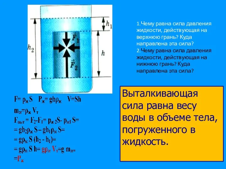 1.Чему равна сила давления жидкости, действующая на верхнюю грань? Куда