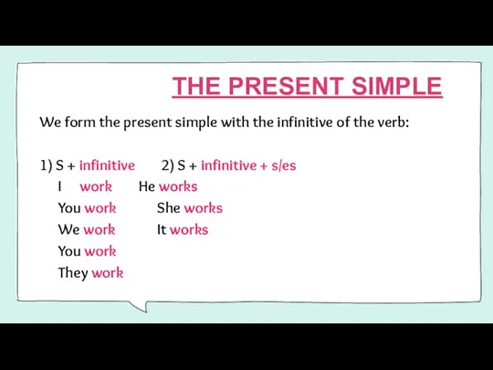 THE PRESENT SIMPLE We form the present simple with the infinitive of the
