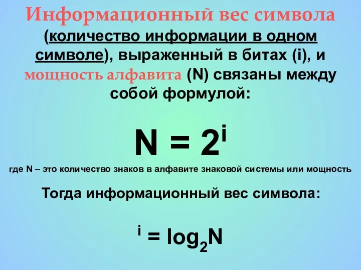 Информационный вес символа (количество информации в одном символе), выраженный в