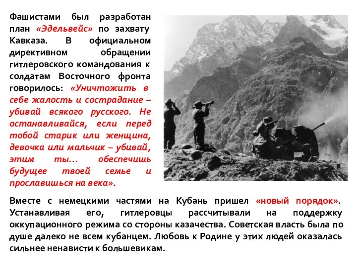 Фашистами был разработан план «Эдельвейс» по захвату Кавказа. В официальном директивном обращении гитлеровского