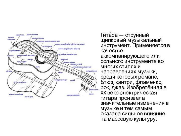Гита́ра — струнный щипковый музыкальный инструмент. Применяется в качестве аккомпанирующего