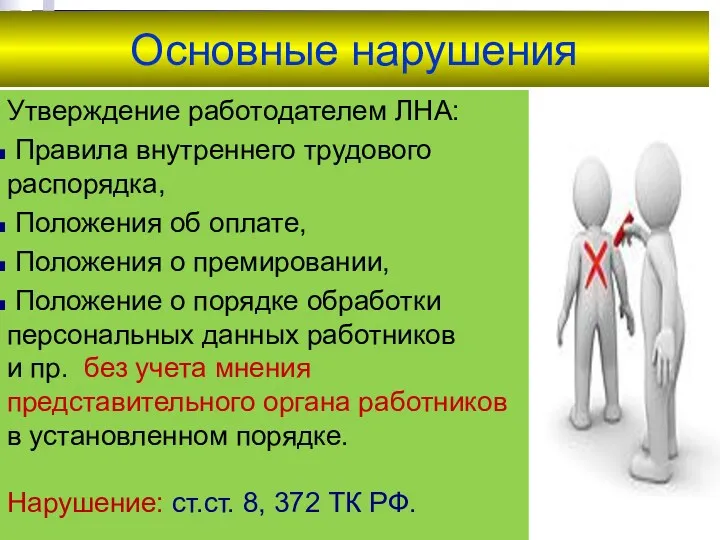 Основные нарушения Утверждение работодателем ЛНА: Правила внутреннего трудового распорядка, Положения