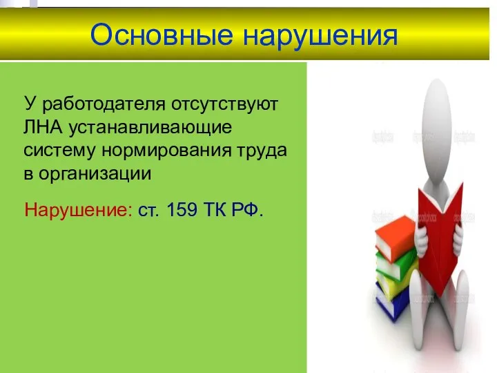 Основные нарушения У работодателя отсутствуют ЛНА устанавливающие систему нормирования труда