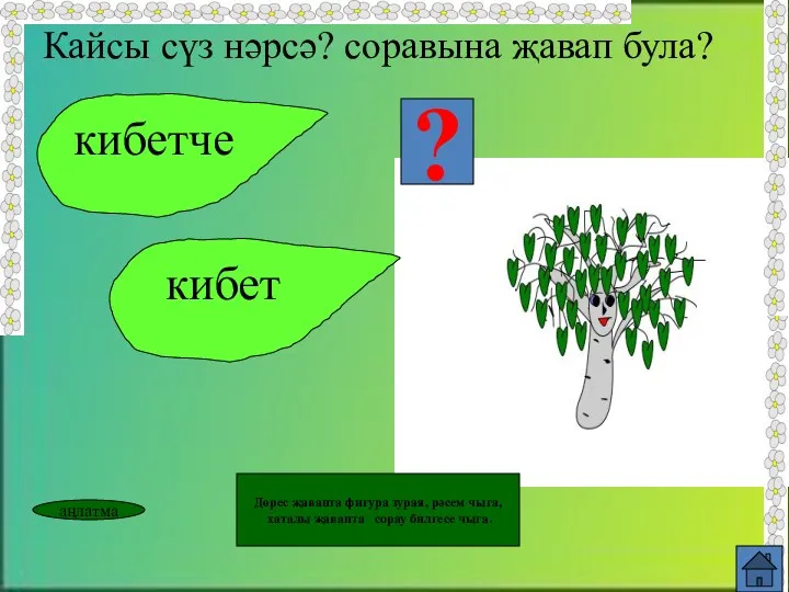 кибетче кибет ? Кайсы сүз нәрсә? соравына җавап була? аңлатма Дөрес җавапта фигура