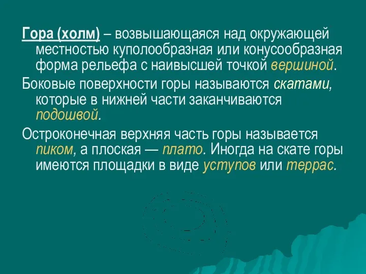 Гора (холм) – возвышающаяся над окружающей местностью куполообразная или конусообразная