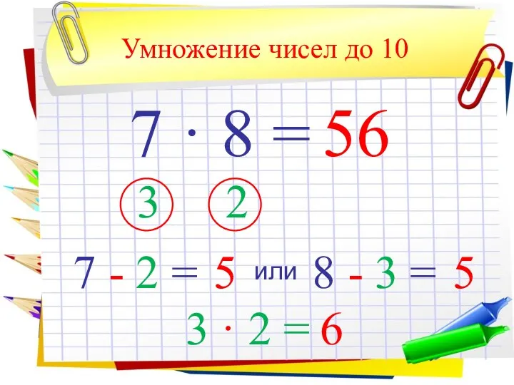Умножение чисел до 10 7 · 8 = 3 2