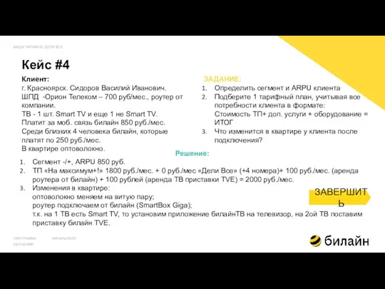 Кейс #4 ВИДЫ ТАРИФОВ. ДЕЛИ ВСЕ ПРОГРАММА НАЧАЛЬНОГО ОБУЧЕНИЯ Клиент: