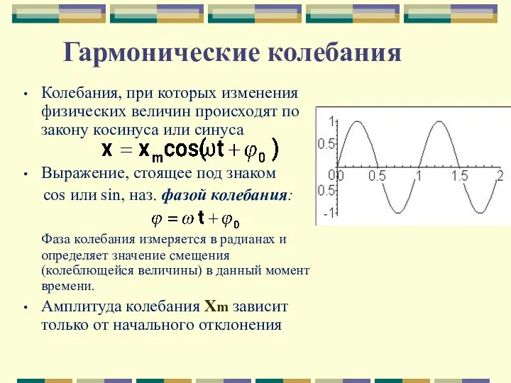 Гармонические колебания Колебания, при которых изменения физических величин происходят по