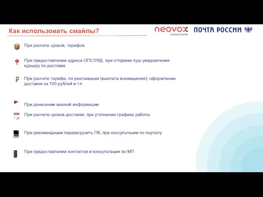 Как использовать смайлы? При расчете сроков, тарифов При предоставлении адреса