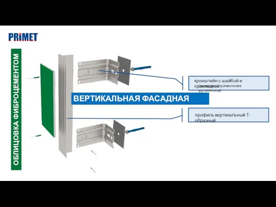 ВЕРТИКАЛЬНАЯ ФАСАДНАЯ СИСТЕМА ОБЛИЦОВКА ФИБРОЦЕМЕНТОМ кронштейн с шайбой и прокладкой (возможно применение удлинителя) профиль вертикальный Т-образный