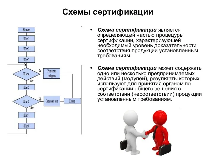 Схемы сертификации Схема сертификации является определяющей частью процедуры сертификации, характеризующей