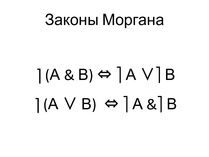 Законы Моргана (А & В) ⇔ ⎤ А ∨⎤ В (А ∨ В)
