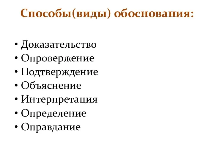 Способы(виды) обоснования: Доказательство Опровержение Подтверждение Объяснение Интерпретация Определение Оправдание