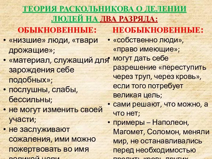 ТЕОРИЯ РАСКОЛЬНИКОВА О ДЕЛЕНИИ ЛЮДЕЙ НА ДВА РАЗРЯДА: ОБЫКНОВЕННЫЕ: «низшие»