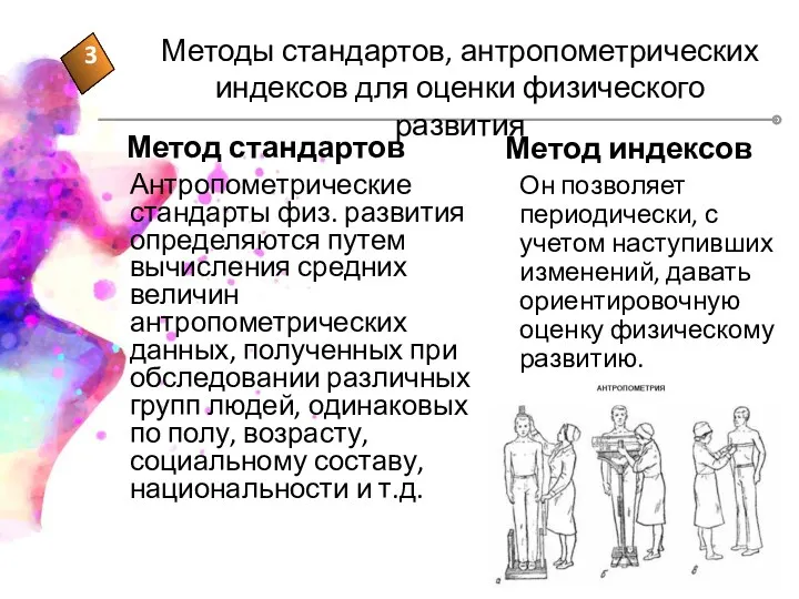 Метод стандартов Антропометрические стандарты физ. развития определяются путем вычисления средних