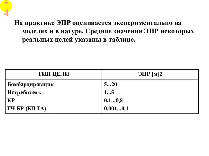 На практике ЭПР оценивается экспериментально на моделях и в натуре.