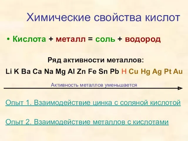 Химические свойства кислот Кислота + металл = соль + водород Ряд активности металлов: