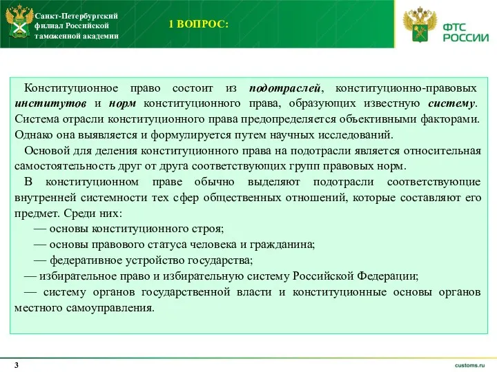 1 ВОПРОС: Конституционное право состоит из подотраслей, конституционно-правовых институтов и