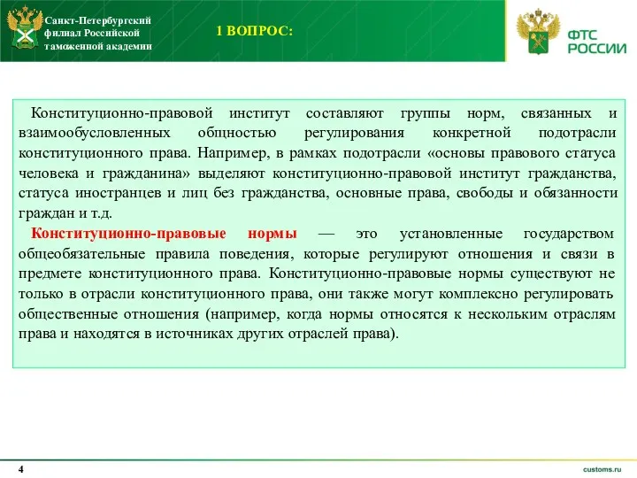 1 ВОПРОС: Конституционно-правовой институт составляют группы норм, связанных и взаимообусловленных