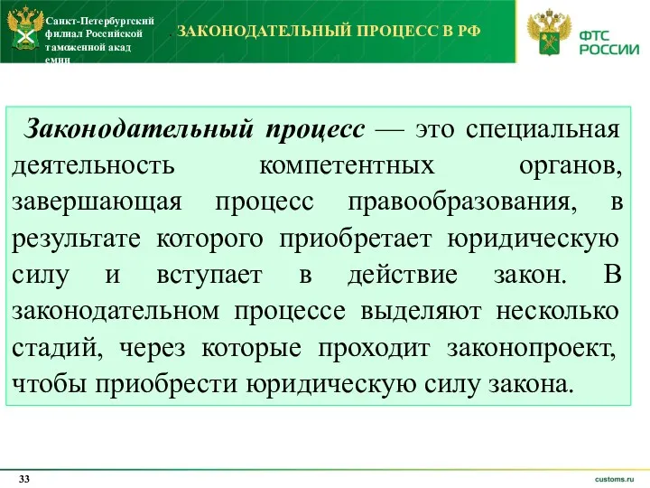 . ЗАКОНОДАТЕЛЬНЫЙ ПРОЦЕСС В РФ Законодательный процесс — это специальная