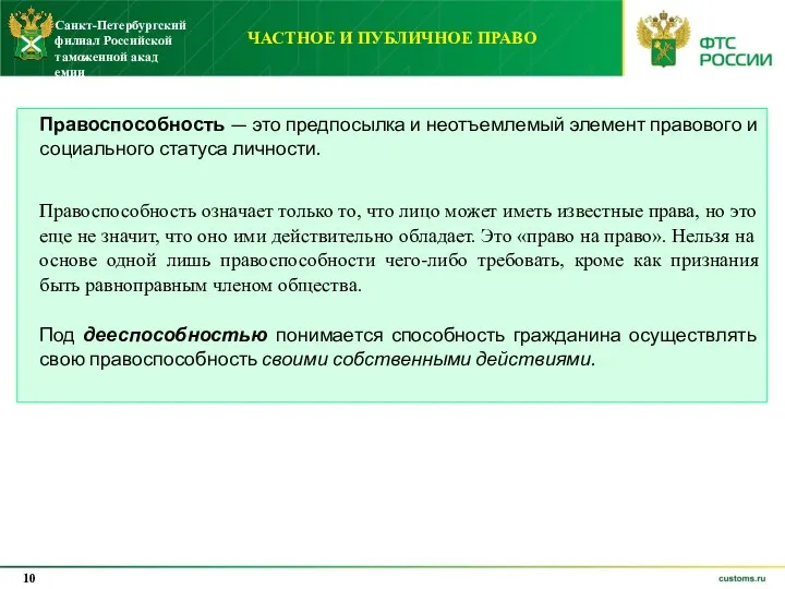 ЧАСТНОЕ И ПУБЛИЧНОЕ ПРАВО Санкт-Петербургский филиал Российской таможенной акад емии