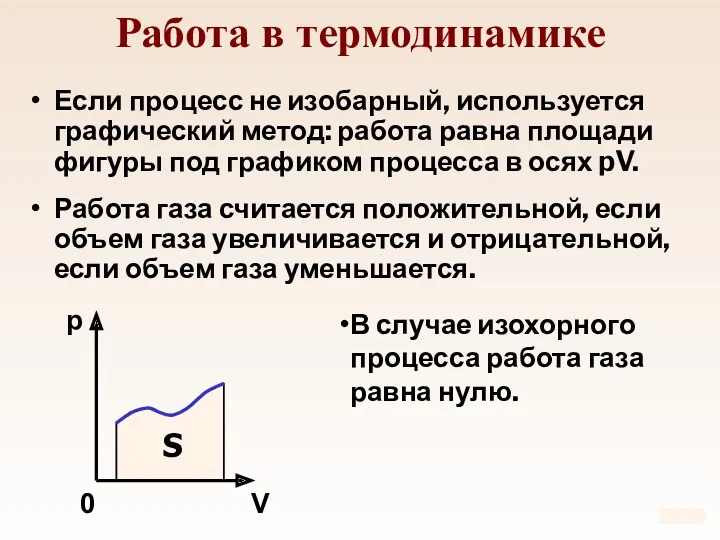 Работа в термодинамике Если процесс не изобарный, используется графический метод: работа равна площади