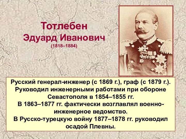 Тотлебен Эдуард Иванович (1818–1884) Русский генерал-инженер (с 1869 г.), граф