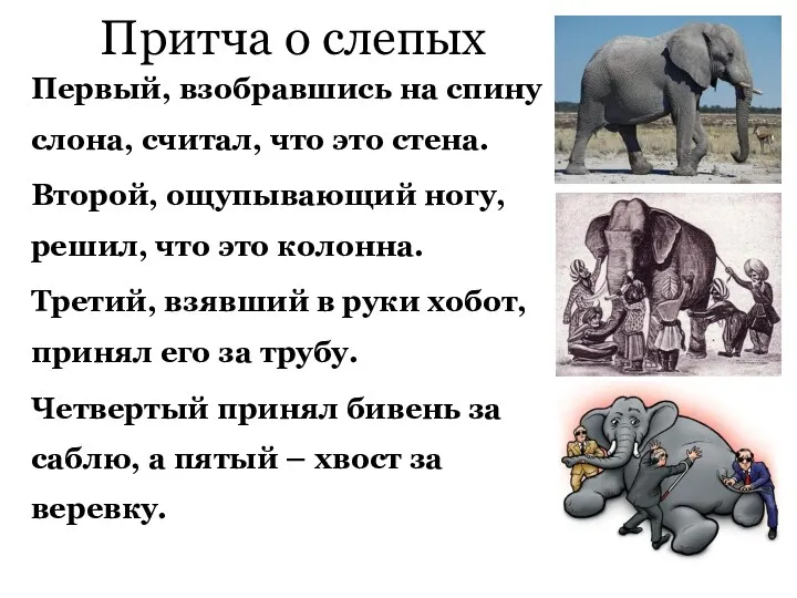 Притча о слепых Первый, взобравшись на спину слона, считал, что это стена. Второй,