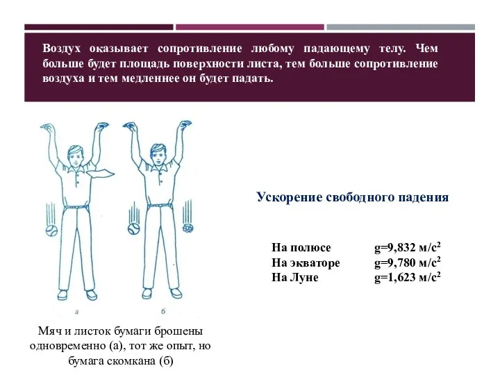 Мяч и листок бумаги брошены одновременно (а), тот же опыт,