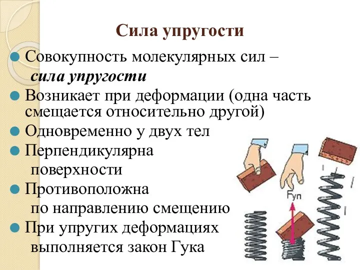 Сила упругости Совокупность молекулярных сил – сила упругости Возникает при