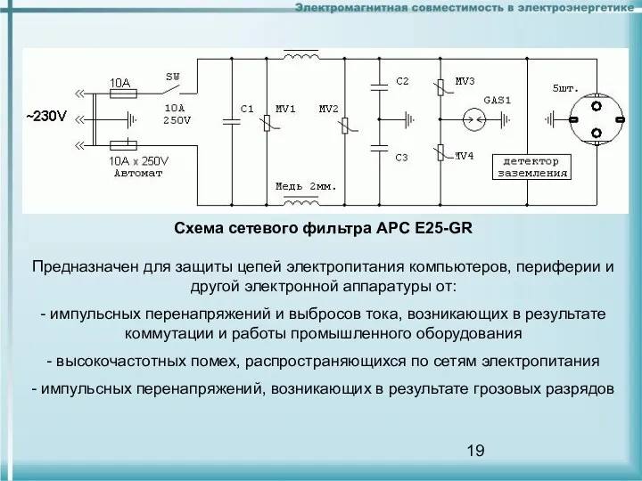 Схема сетевого фильтра APC E25-GR Предназначен для защиты цепей электропитания