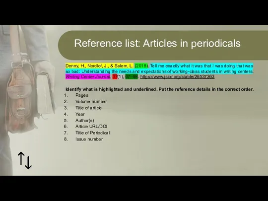 Reference list: Articles in periodicals Denny, H., Nordlof, J., &