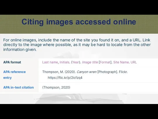 Citing images accessed online For online images, include the name