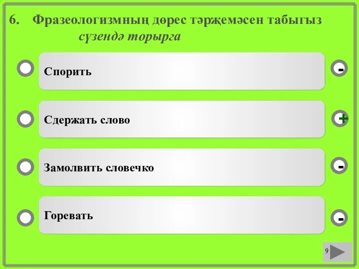 Фразеологизмның дөрес тәрҗемәсен табыгыз сүзендә торырга Спорить Сдержать слово Замолвить словечко Горевать - - + -