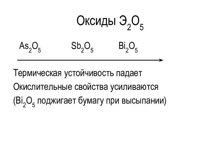 Оксиды Э2O5 As2O5 Sb2O5 Bi2O5 Термическая устойчивость падает Окислительные свойства усиливаются (Bi2O5 поджигает бумагу при высыпании)