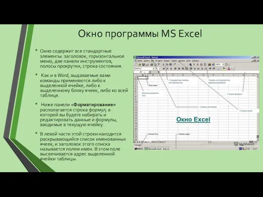 Окно программы MS Excel Окно содержит все стандартные элементы: заголовок,
