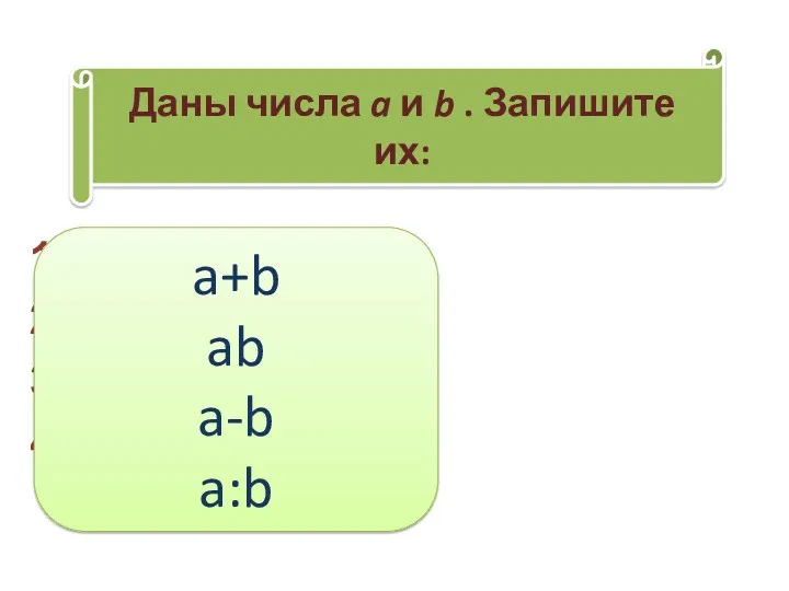 Сумму Произведение Разность Частное Даны числа a и b . Запишите их: a+b ab a-b a:b