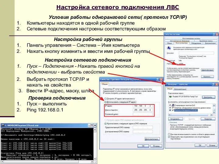 Настройка сетевого подключения ЛВС Условия работы одноранговой сети( протокол TCP/IP)