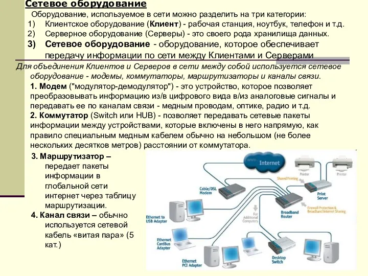 Сетевое оборудование Оборудование, используемое в сети можно разделить на три