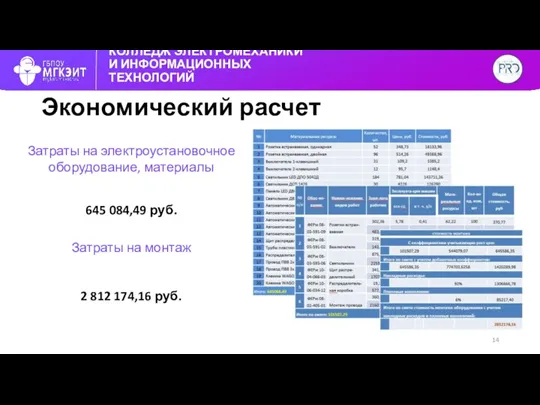 КОЛЛЕДЖ ЭЛЕКТРОМЕХАНИКИ И ИНФОРМАЦИОННЫХ ТЕХНОЛОГИЙ Экономический расчет Затраты на электроустановочное