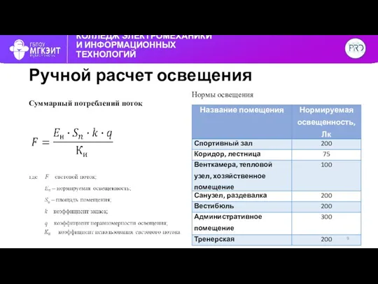 КОЛЛЕДЖ ЭЛЕКТРОМЕХАНИКИ И ИНФОРМАЦИОННЫХ ТЕХНОЛОГИЙ Ручной расчет освещения Суммарный потреблений поток Нормы освещения