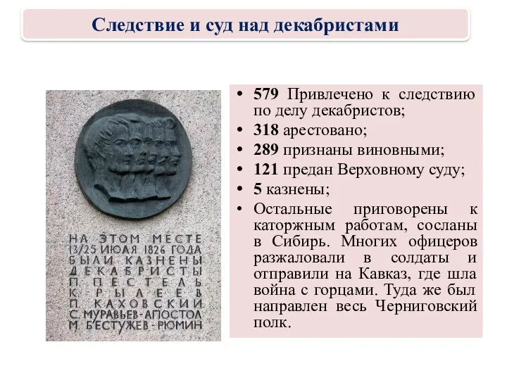 579 Привлечено к следствию по делу декабристов; 318 арестовано; 289