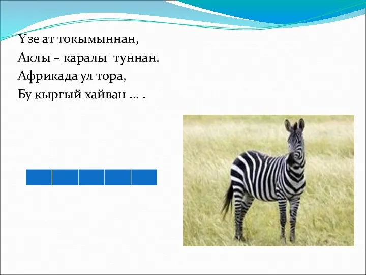 Үзе ат токымыннан, Аклы – каралы туннан. Африкада ул тора, Бу кыргый хайван ... .