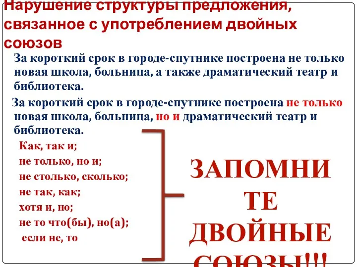 Нарушение структуры предложения, связанное с употреблением двойных союзов За короткий