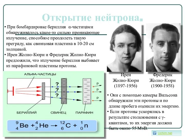 Открытие нейтрона. Ирен Жолио-Кюри (1897-1956) Фредерик Жолио-Кюри (1900-1958) При бомбардировке